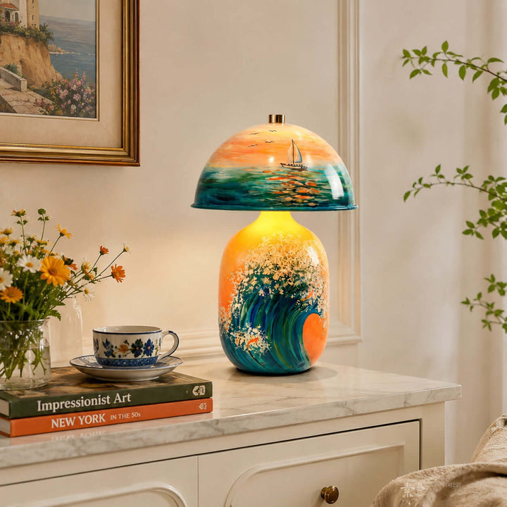 Marin Coastal Ocean Painted Ceramic Table Lamp for Bedroom &amp; Desk