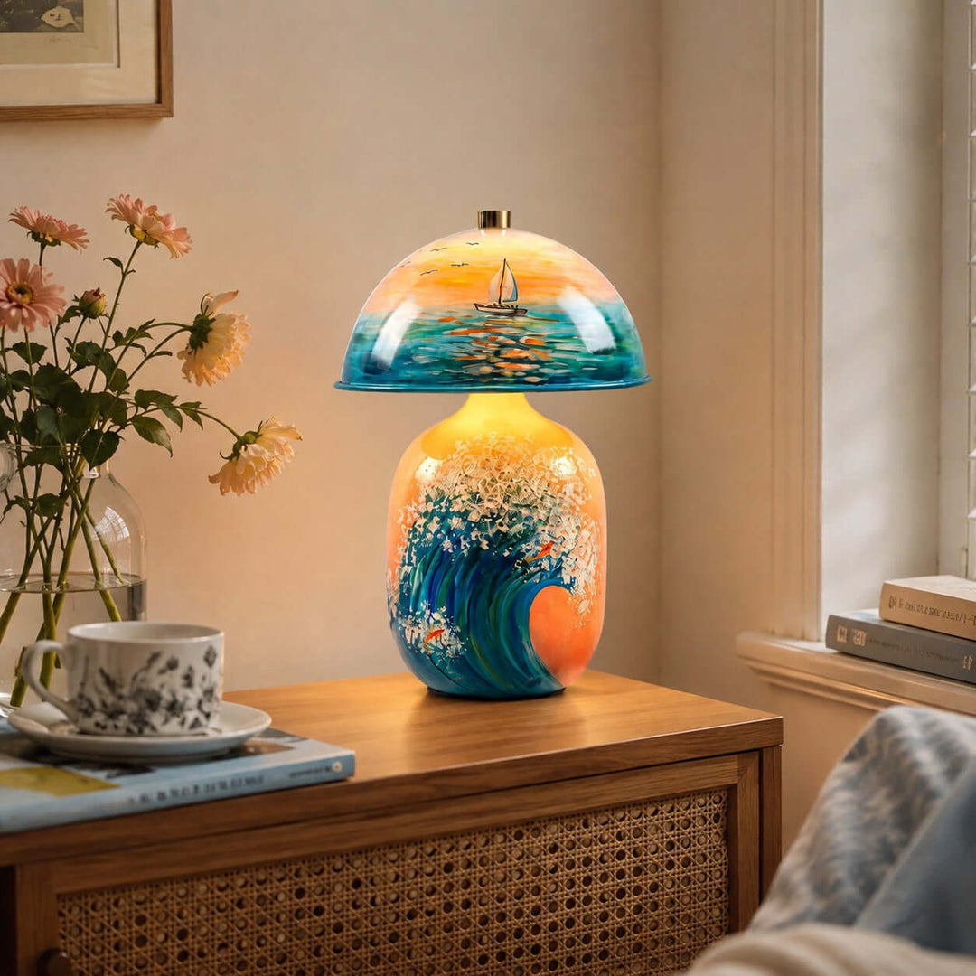 Marin Coastal Ocean Painted Ceramic Table Lamp for Bedroom &amp; Desk