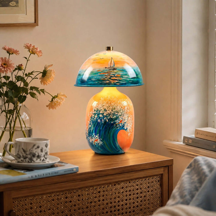 Marin Coastal Ocean Painted Ceramic Table Lamp for Bedroom &amp; Desk