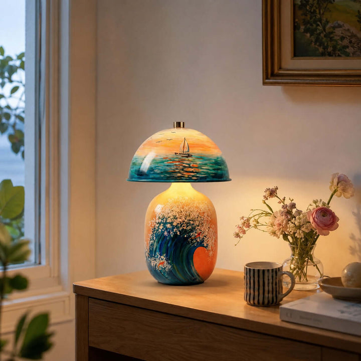 Marin Coastal Ocean Painted Ceramic Table Lamp for Bedroom &amp; Desk