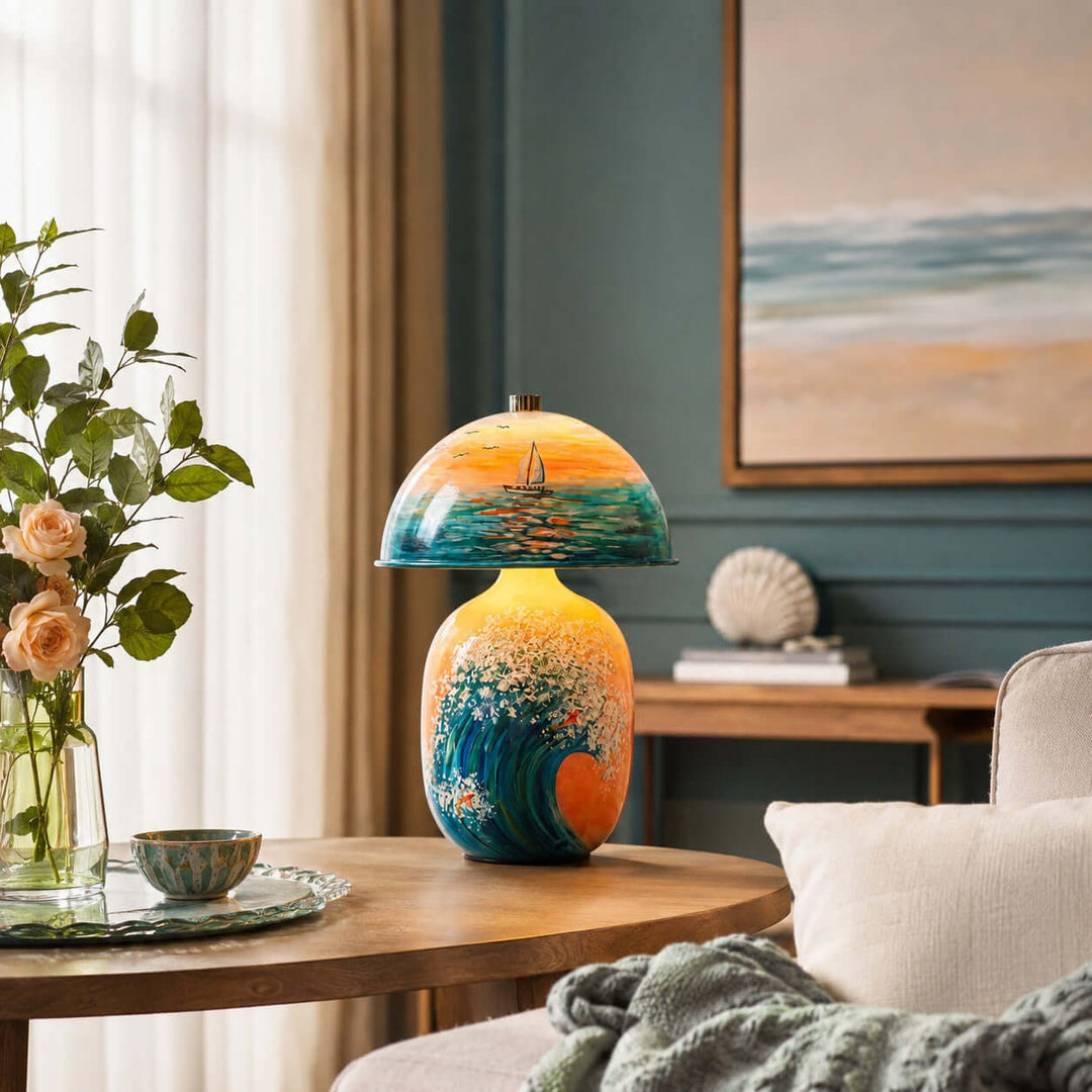 Marin Coastal Ocean Painted Ceramic Table Lamp for Bedroom &amp; Desk