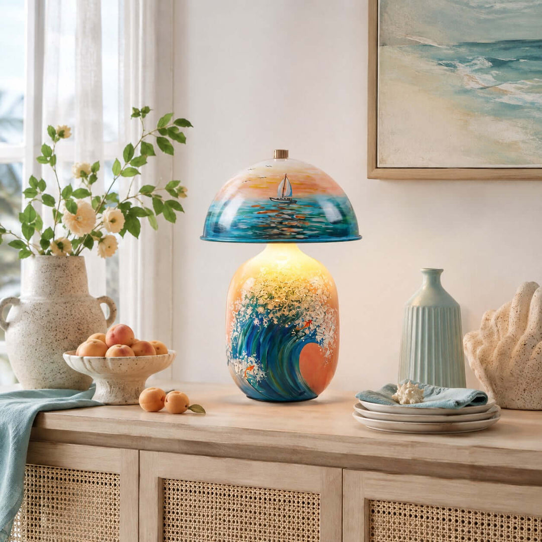 Marin Coastal Ocean Painted Ceramic Table Lamp for Bedroom &amp; Desk