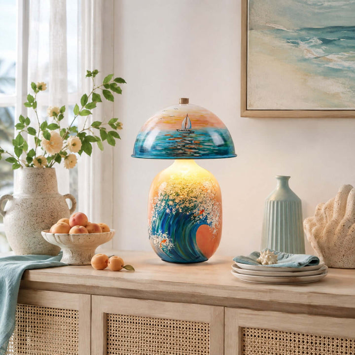 Marin Coastal Ocean Painted Ceramic Table Lamp for Bedroom &amp; Desk
