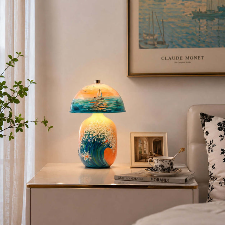 Marin Coastal Ocean Painted Ceramic Table Lamp for Bedroom &amp; Desk