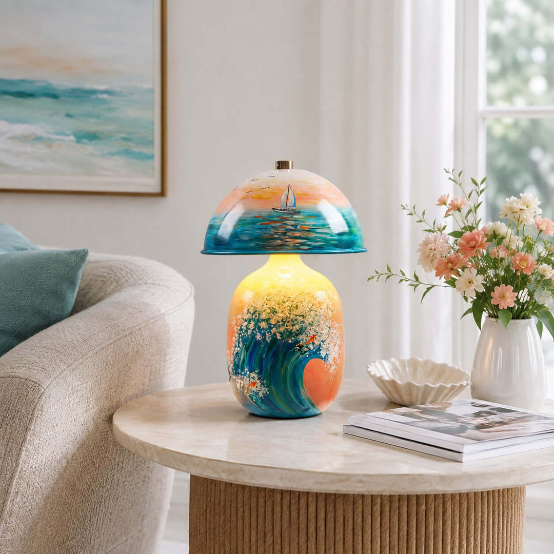 Marin Coastal Ocean Painted Ceramic Table Lamp for Bedroom &amp; Desk