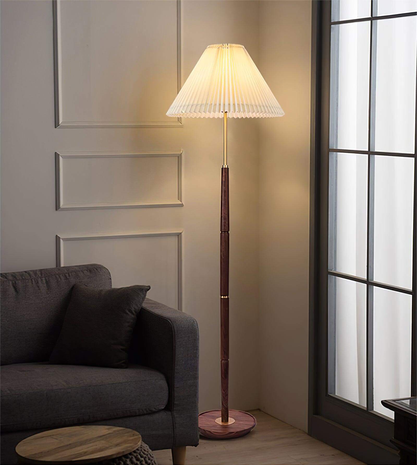 Mid Century Pleated Floor Lamp - Vintage Brass & Wood Design