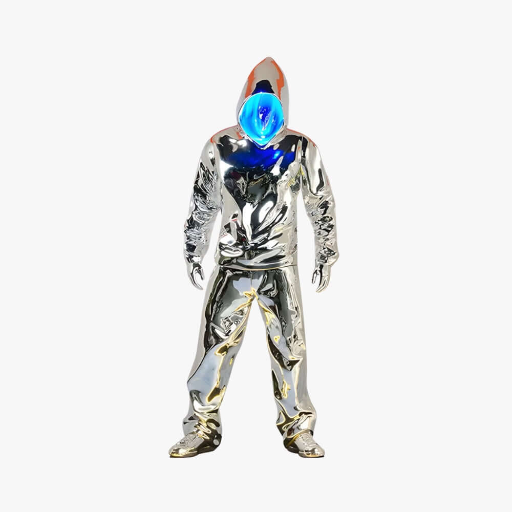 Stylish chrome figurine in a hoodie with a glowing blue face, perfect for modern decor and artistic collections.