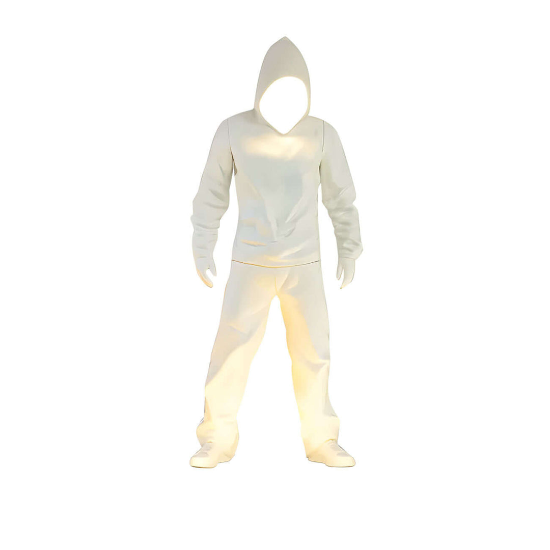 Sculptural floor lamp designed as a white hoodie figure, ideal for modern art deco living room decor.