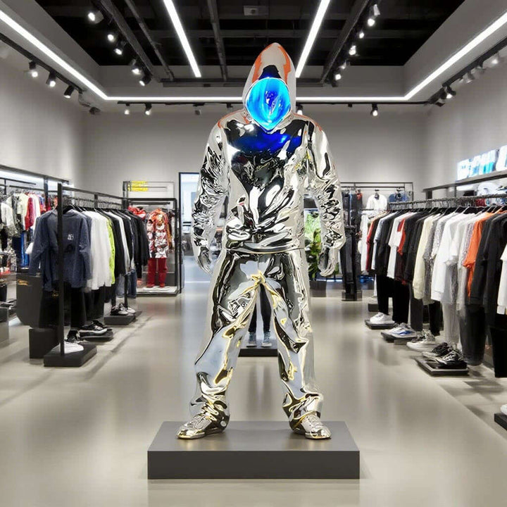 Sculptural mannequin in a reflective silver outfit with a glowing blue head in a trendy clothing store.