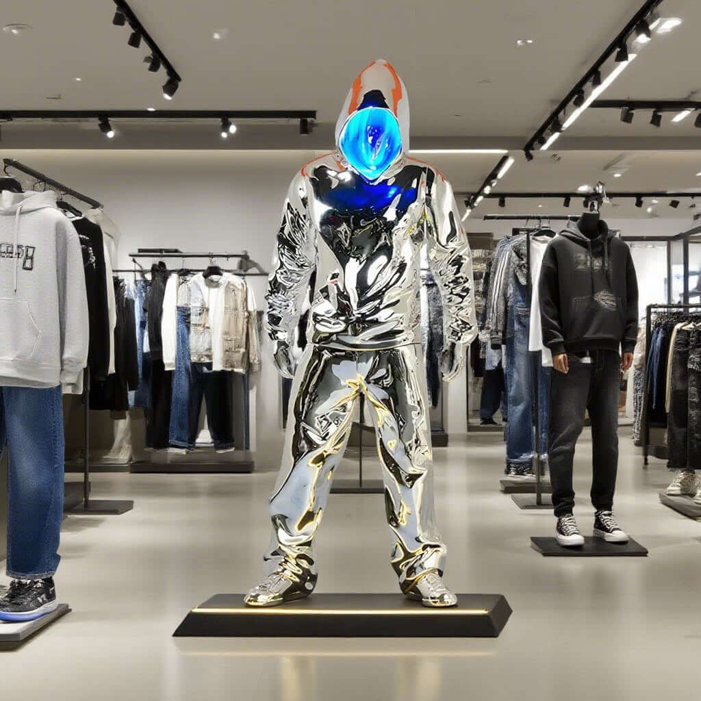 A sculptural mannequin in a shiny outfit, glowing blue head, showcased in a modern clothing store.