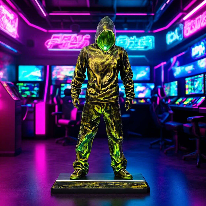 Sculptural figure in a neon-lit gaming arcade, showcasing art and modern design in vibrant colors.