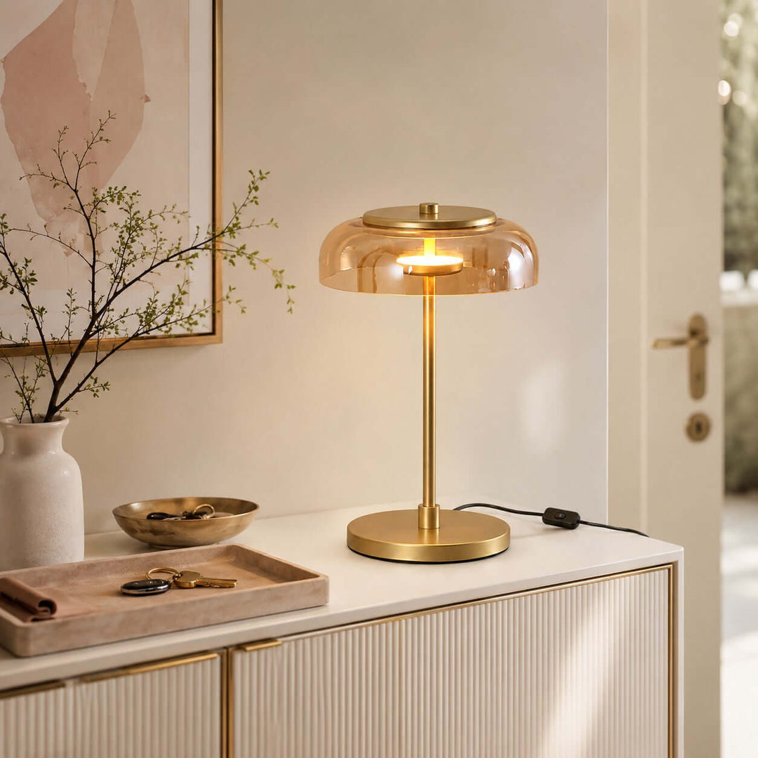 Noreva Table Lamp | Modern Brass Glass Lamp for Bedroom and Desk