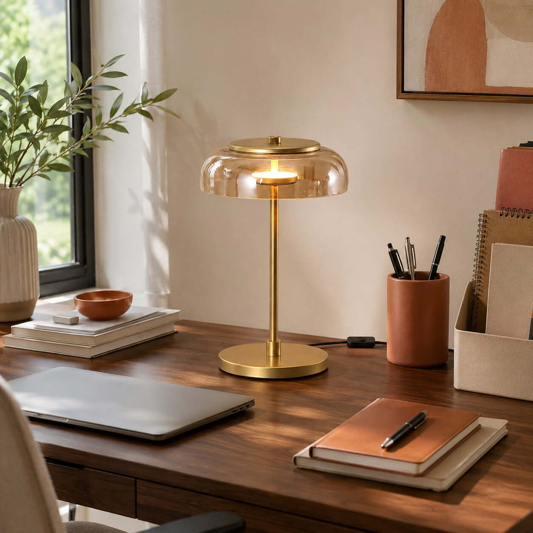 Noreva Table Lamp | Modern Brass Glass Lamp for Bedroom and Desk