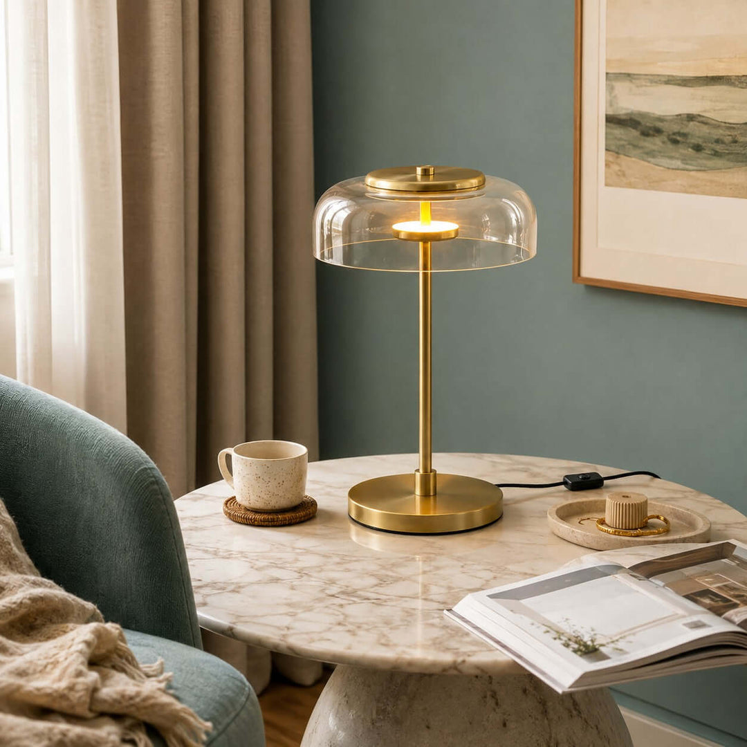 Noreva Table Lamp | Modern Brass Glass Lamp for Bedroom and Desk