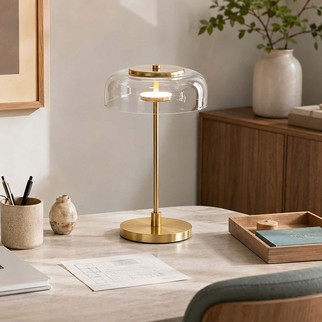 Noreva Table Lamp | Modern Brass Glass Lamp for Bedroom and Desk