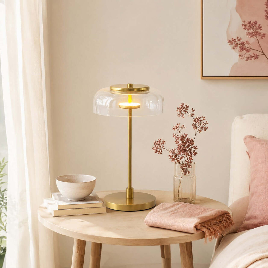 Noreva Table Lamp | Modern Brass Glass Lamp for Bedroom and Desk