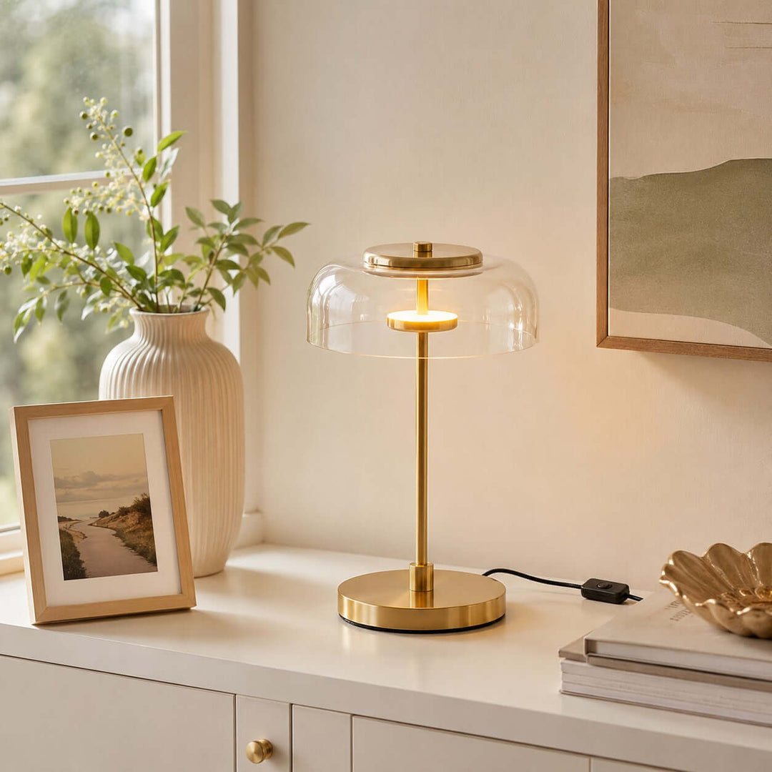 Noreva Table Lamp | Modern Brass Glass Lamp for Bedroom and Desk