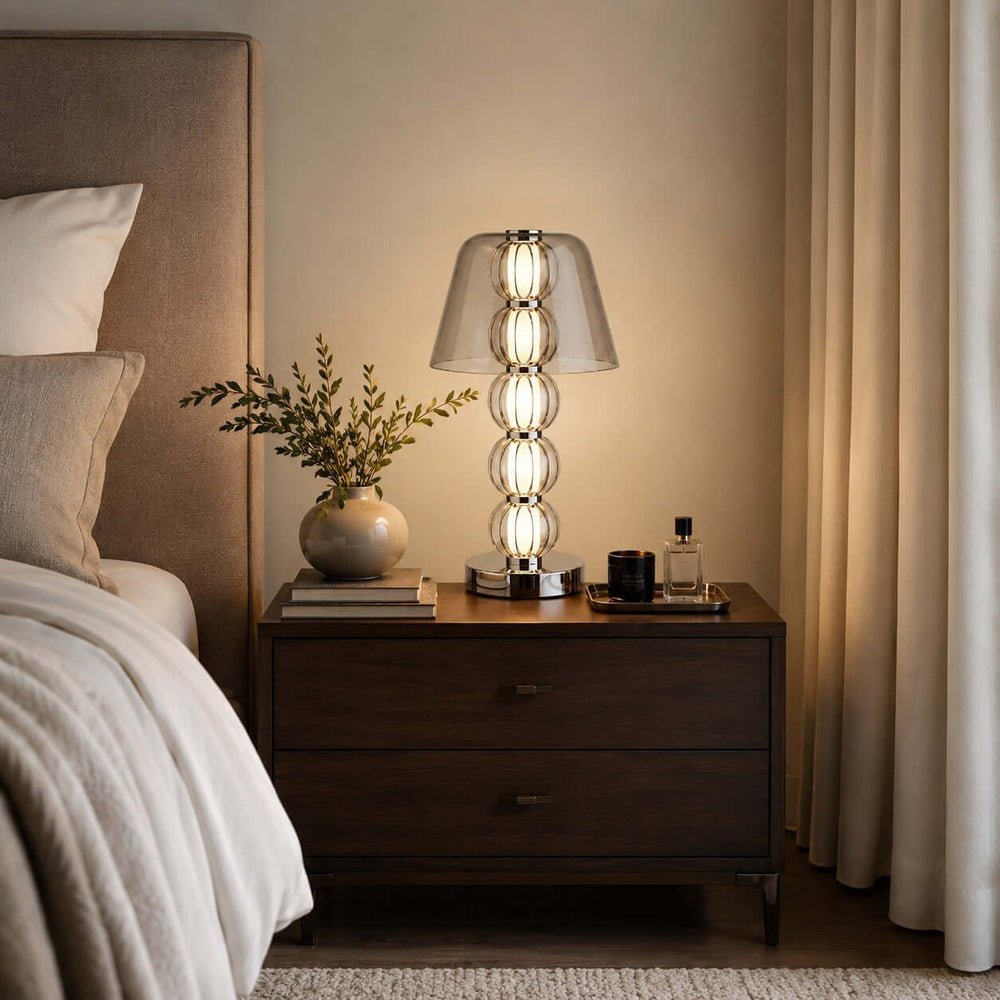 Novea Table Lamp - Smoke Grey Glass Modern Bedside Light | Vinlighting