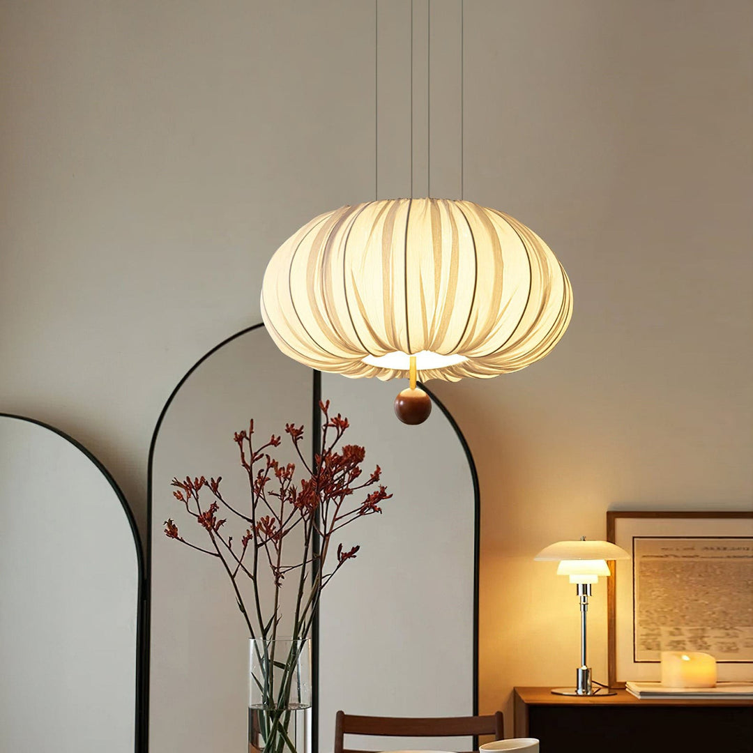 Qolvin Pendant Lighting – Contemporary Fabric & Wood Fixture