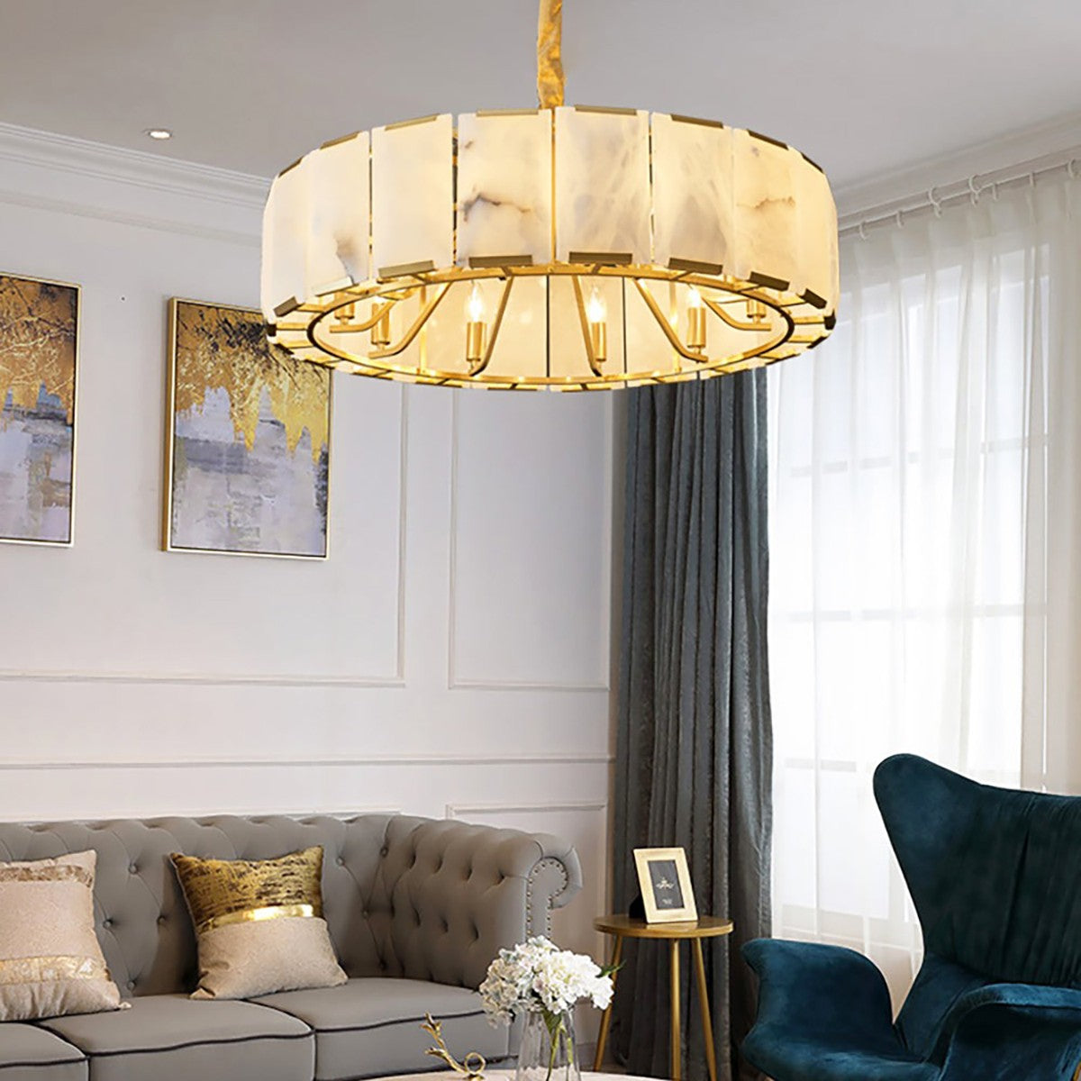 Round Alabaster Chandelier – Elegant Natural Alabaster & Brass Design ...