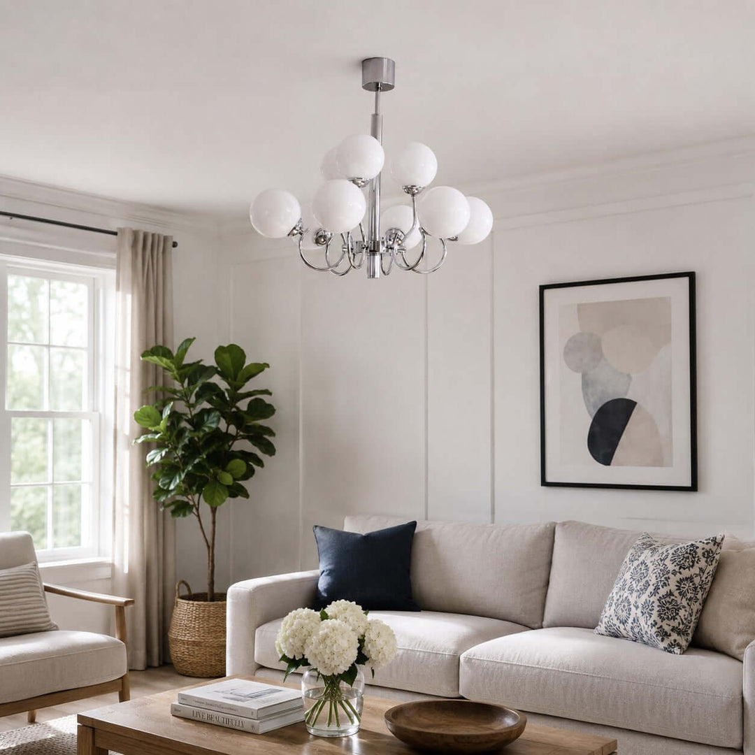 Savelle Chandelier - White Globe Glass for Living Room Decor | Vinlighting