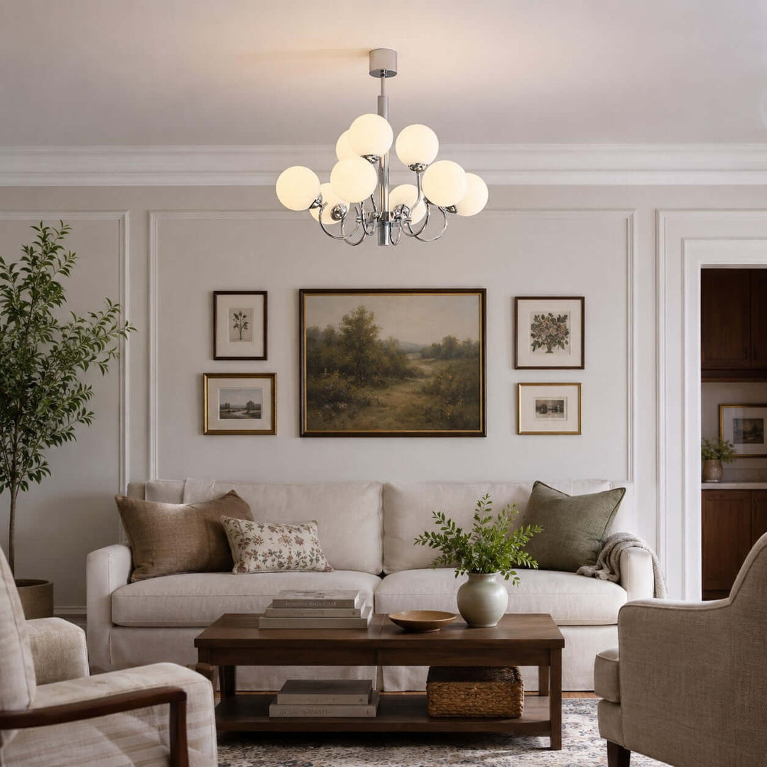 Savelle Chandelier - White Globe Glass for Living Room Decor | Vinlighting