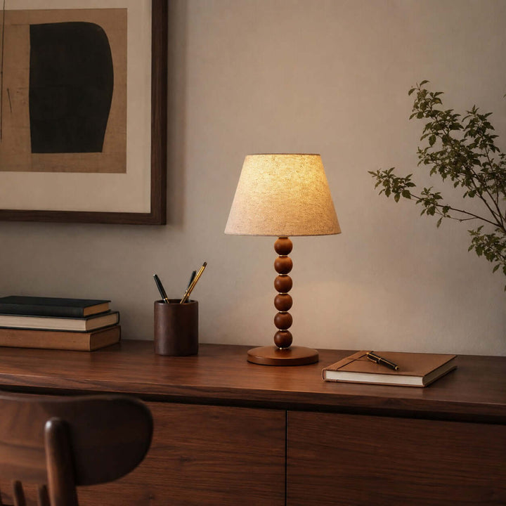 Selkin Wooden Table Lamp with Beige Fabric Shade for Bedrooms