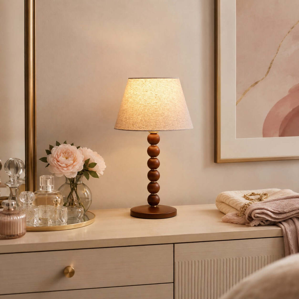 Selkin Wooden Table Lamp with Beige Fabric Shade for Bedrooms