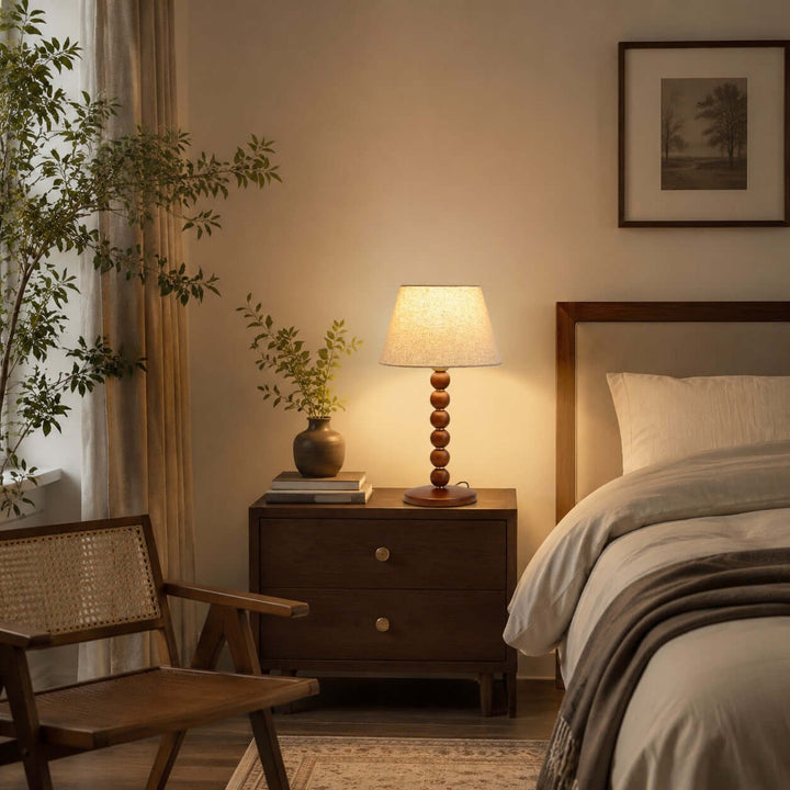 Selkin Wooden Table Lamp with Beige Fabric Shade for Bedrooms