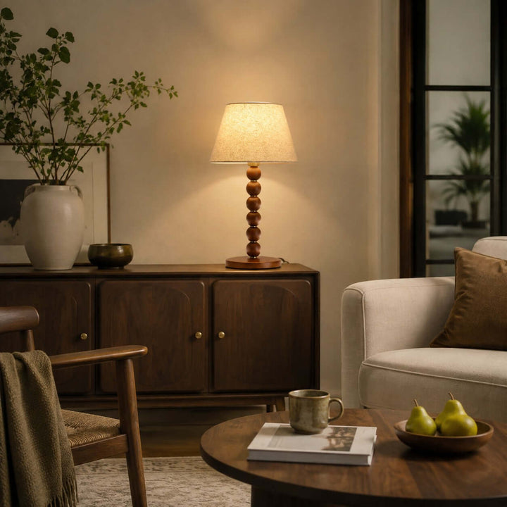 Selkin Wooden Table Lamp with Beige Fabric Shade for Bedrooms