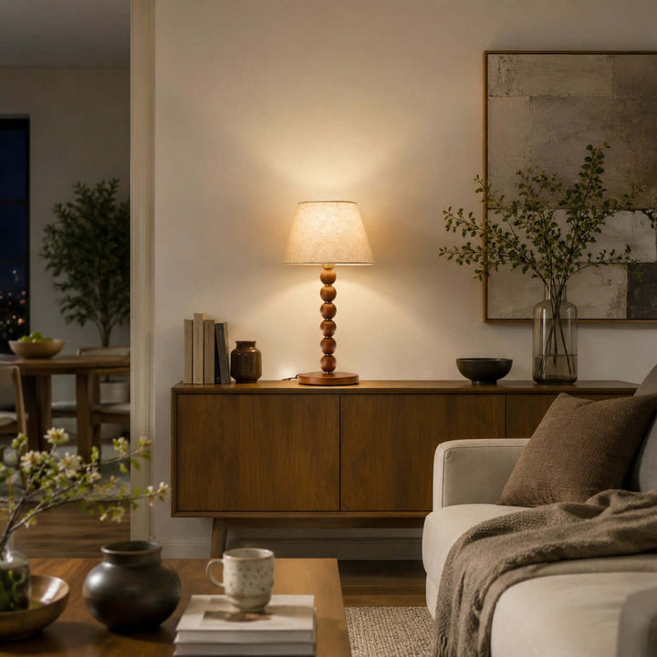 Selkin Wooden Table Lamp with Beige Fabric Shade for Bedrooms