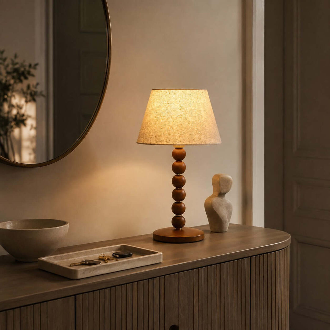 Selkin Wooden Table Lamp with Beige Fabric Shade for Bedrooms