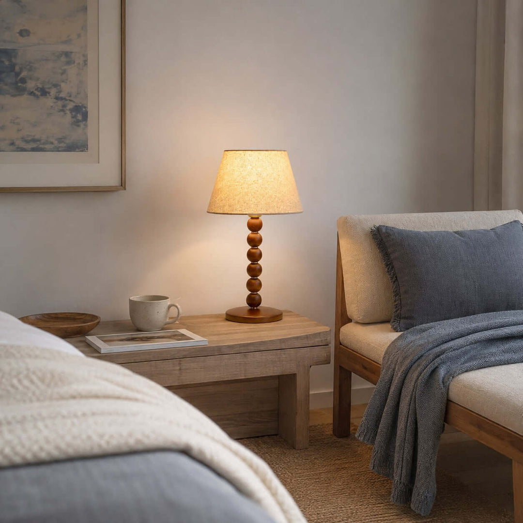 Selkin Wooden Table Lamp with Beige Fabric Shade for Bedrooms