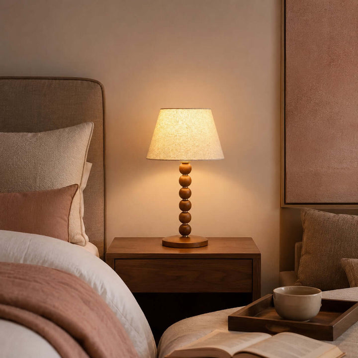 Selkin Wooden Table Lamp with Beige Fabric Shade for Bedrooms