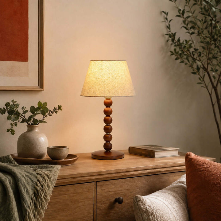 Selkin Wooden Table Lamp with Beige Fabric Shade for Bedrooms