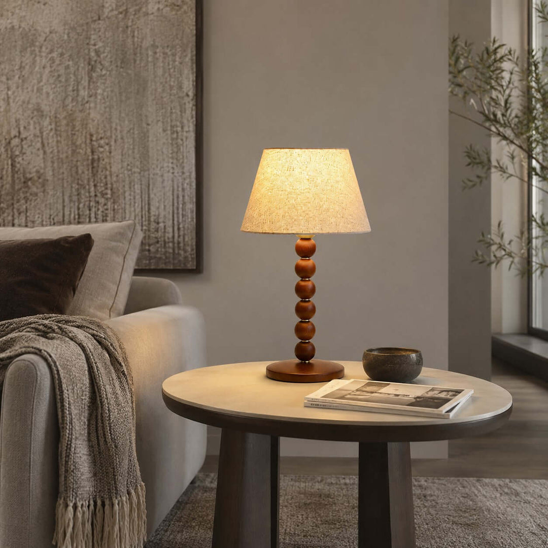 Selkin Wooden Table Lamp with Beige Fabric Shade for Bedrooms