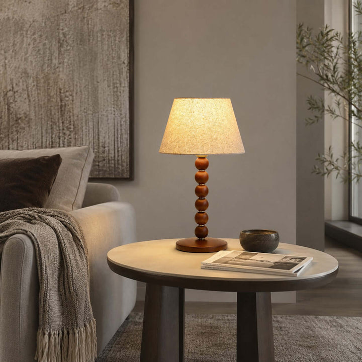 Selkin Wooden Table Lamp with Beige Fabric Shade for Bedrooms