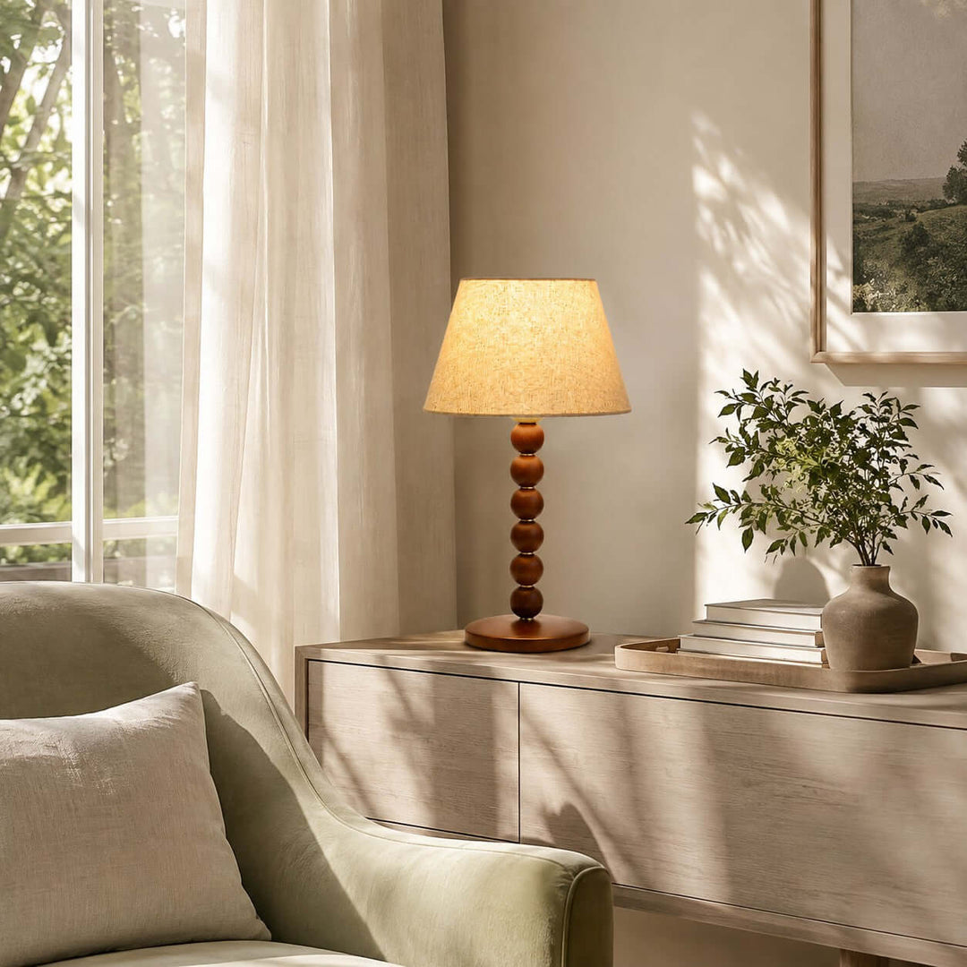 Selkin Wooden Table Lamp with Beige Fabric Shade for Bedrooms