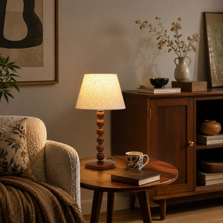 Selkin Wooden Table Lamp with Beige Fabric Shade for Bedrooms