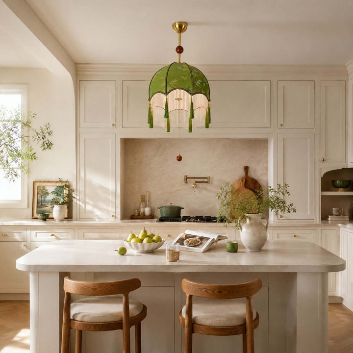 Selvara Green Fabric Tassel Pendant Light for Dining Room