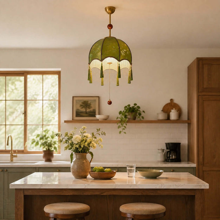 Selvara Green Fabric Tassel Pendant Light for Dining Room