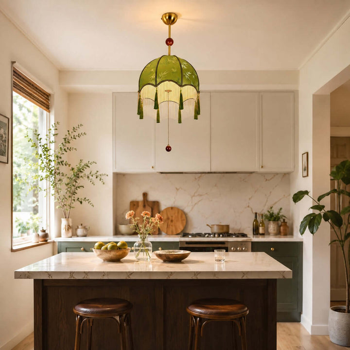 Selvara Green Fabric Tassel Pendant Light for Dining Room