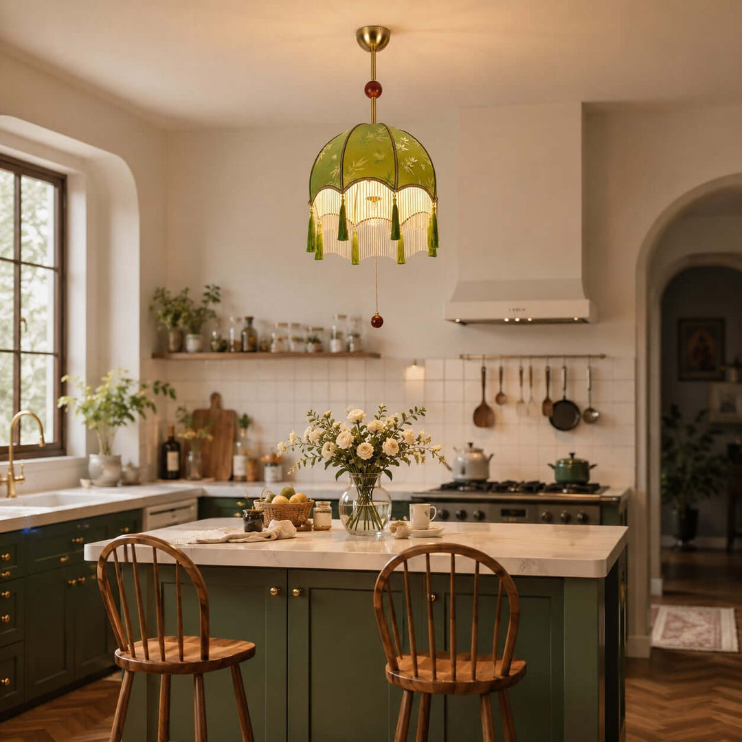 Selvara Green Fabric Tassel Pendant Light for Dining Room