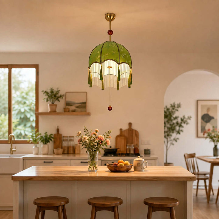 Selvara Green Fabric Tassel Pendant Light for Dining Room