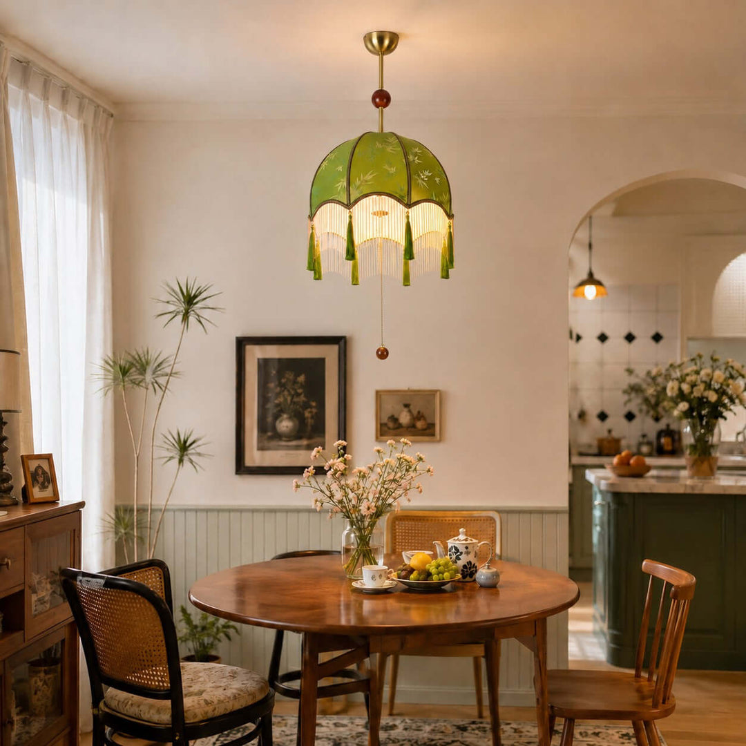 Selvara Green Fabric Tassel Pendant Light for Dining Room