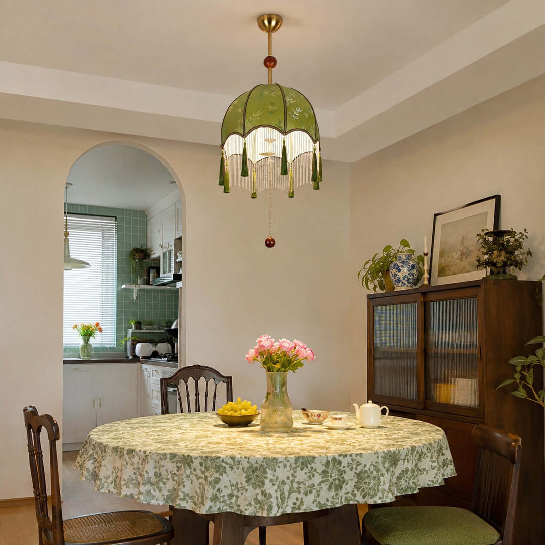Selvara Green Fabric Tassel Pendant Light for Dining Room
