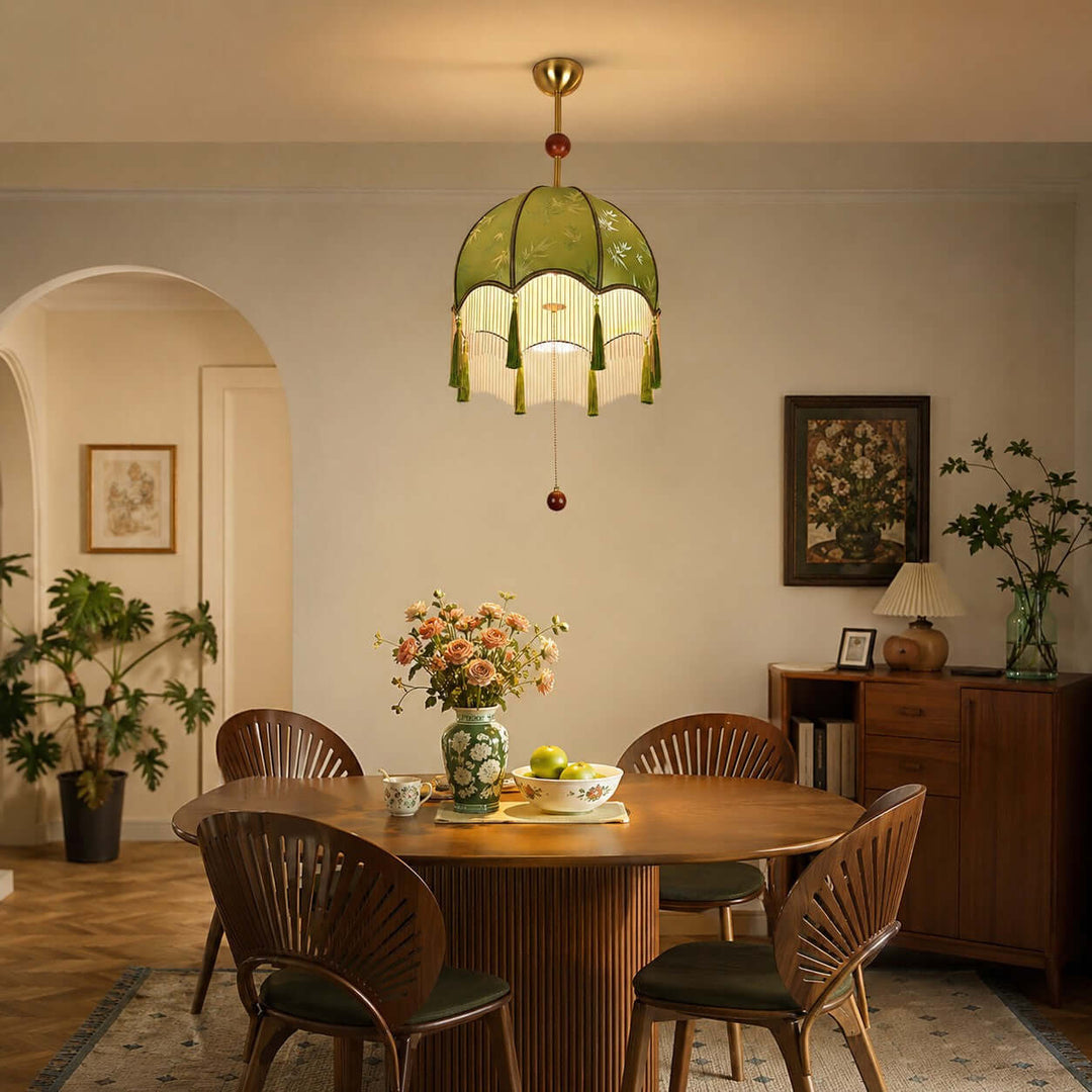Selvara Green Fabric Tassel Pendant Light for Dining Room