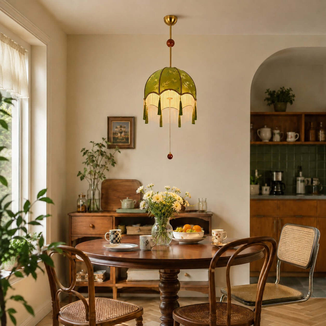 Selvara Green Fabric Tassel Pendant Light for Dining Room