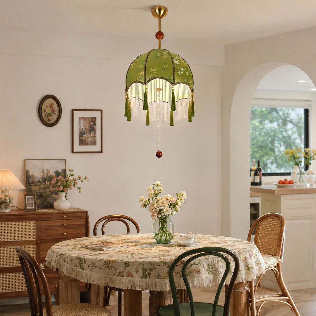 Selvara Green Fabric Tassel Pendant Light for Dining Room