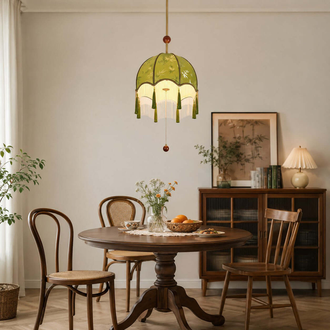 Selvara Green Fabric Tassel Pendant Light for Dining Room